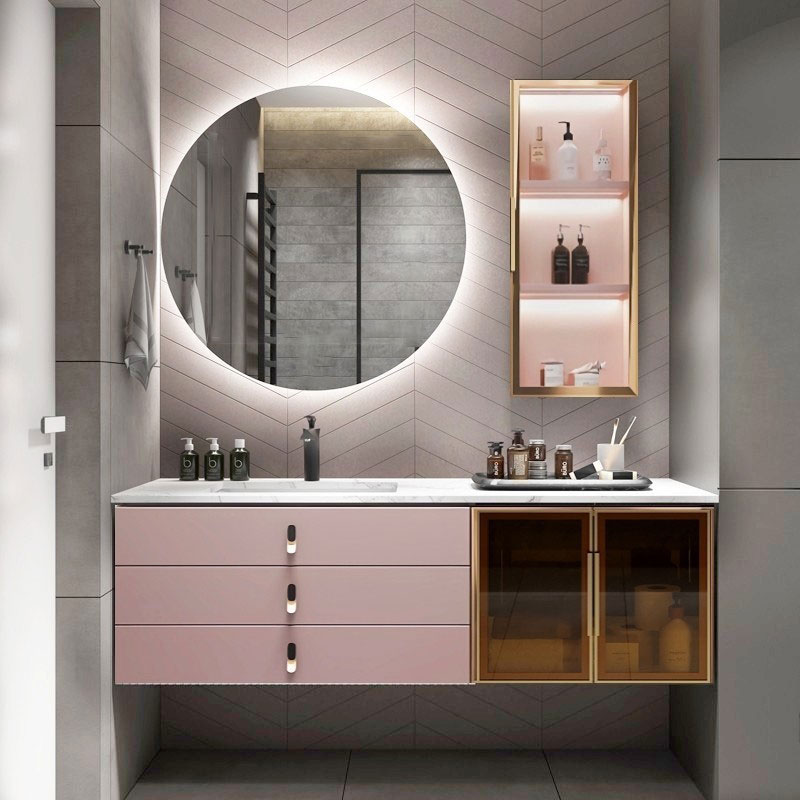 粉色橡木烤漆浴室柜组合现代轻奢长虹玻璃门洗手台洗手台洗脸盆柜