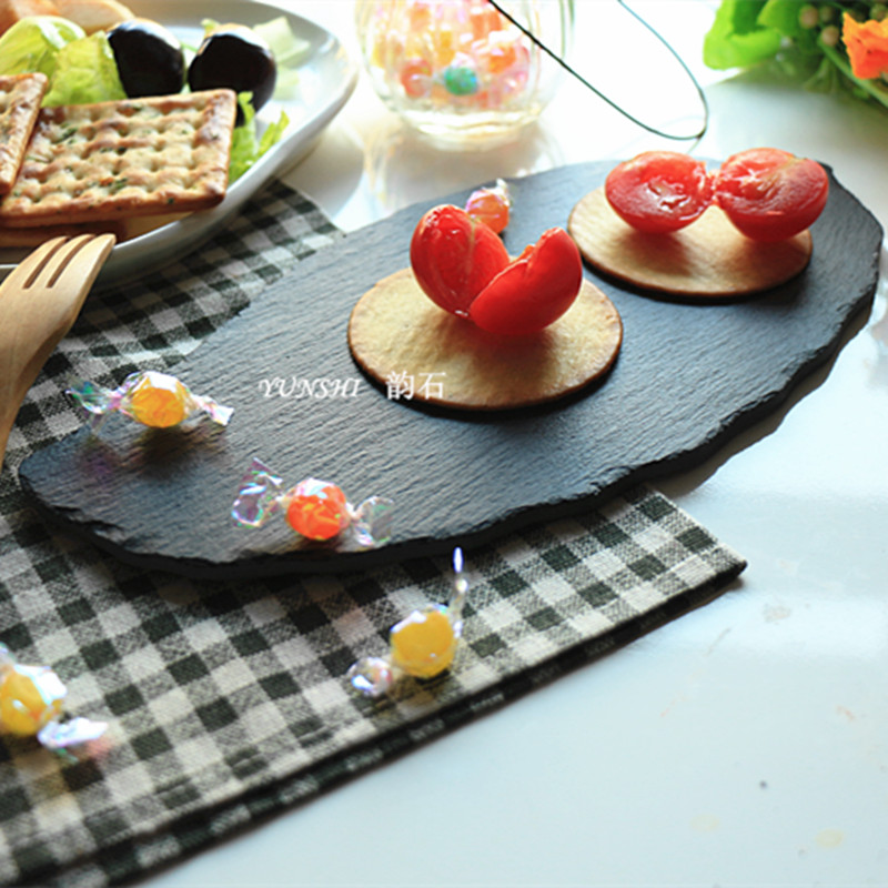 新品黑色石板餐盘 叶子造型寿司小吃餐垫西餐厅岩石点心餐具盘子