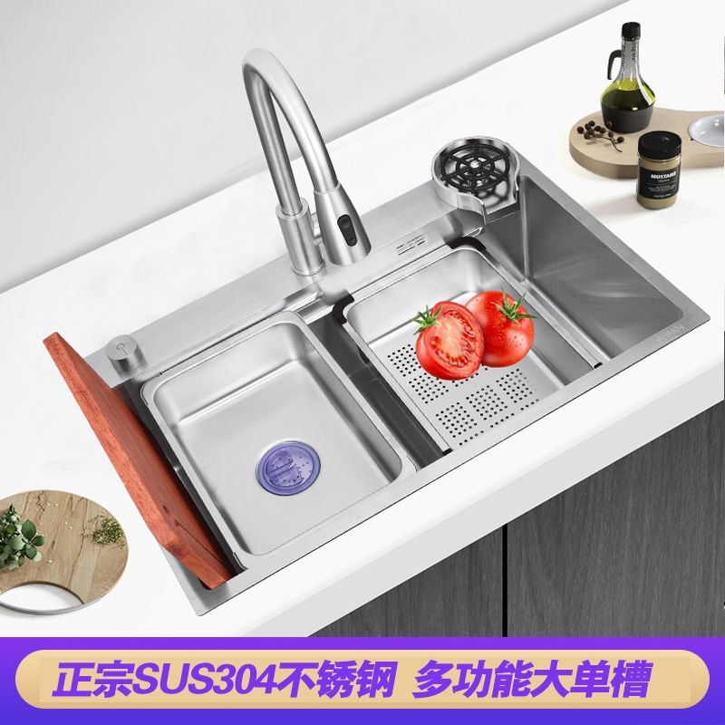正宗sus304不锈钢台上台下盆大单槽厨房多功能洗菜盆手工拉丝水槽