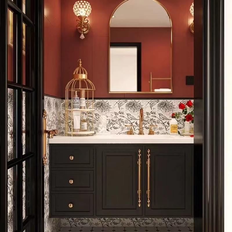 法式复古岩板合浴柜组式轻室奢黑色实木卫浴柜卫生236美间洗手洗