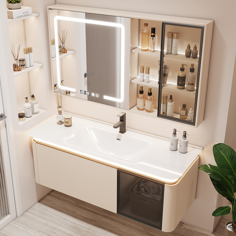 新款奶油风浴室柜一体陶瓷盆洗手池洗面盆洗漱台卫生间智能镜柜