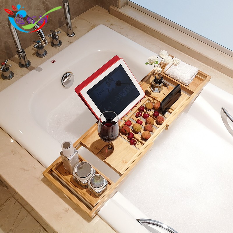 欧式浴缸架竹制可调节轻奢浴缸泡澡架平板手机支架浴缸木桶置物架