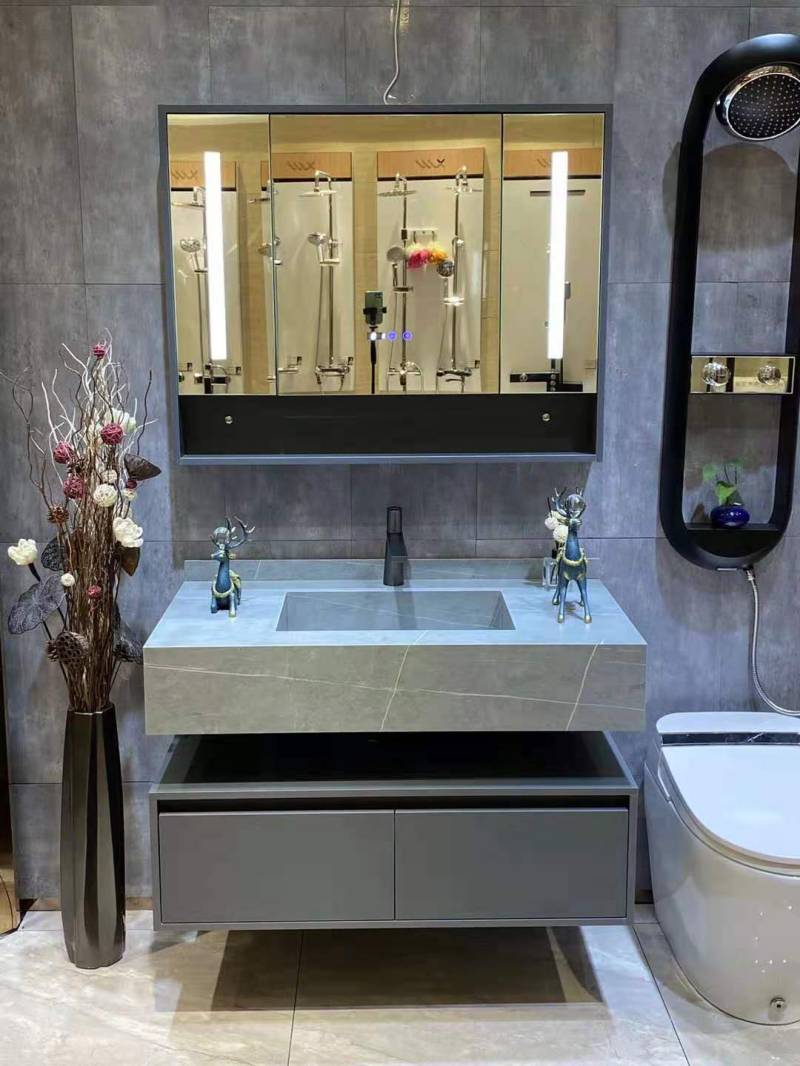 岩板一体盆浴室柜组合简约洗手台酒店洗漱台卫生间智能镜柜灰色