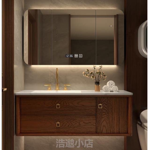 中式洗脸岩板烤洗漱组合卫生间新台卫橡木@陶瓷漆红浴室柜洗手盆