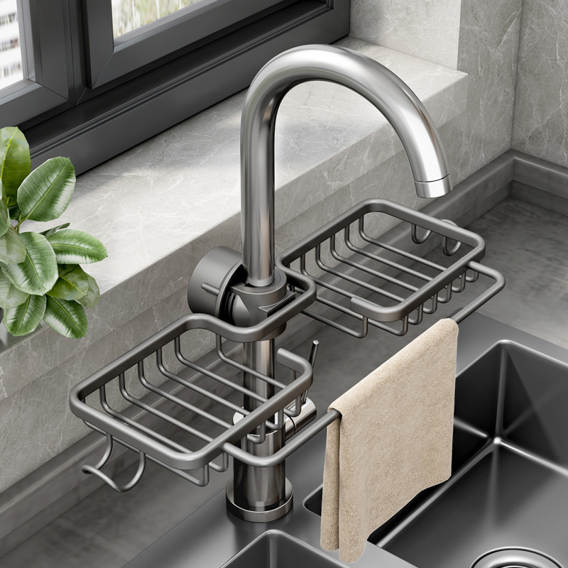 新品水龙头置物架可调节多功能太空铝轻奢黑金家用厨房收纳水槽沥