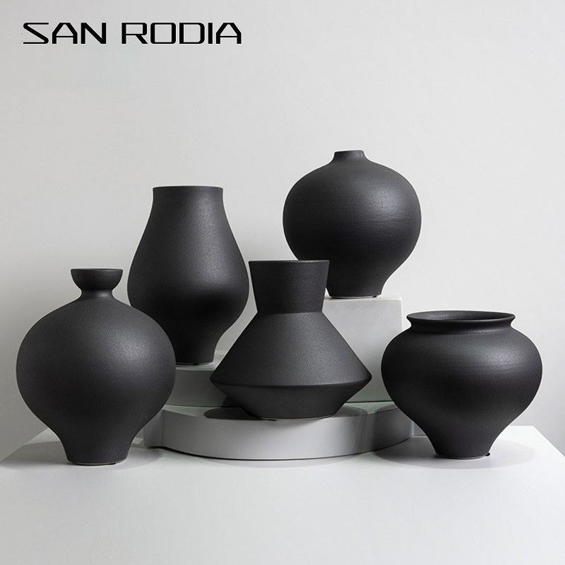 现代简约新中式黑色陶瓷花瓶摆件样板间售楼处博古架玄关软装饰品