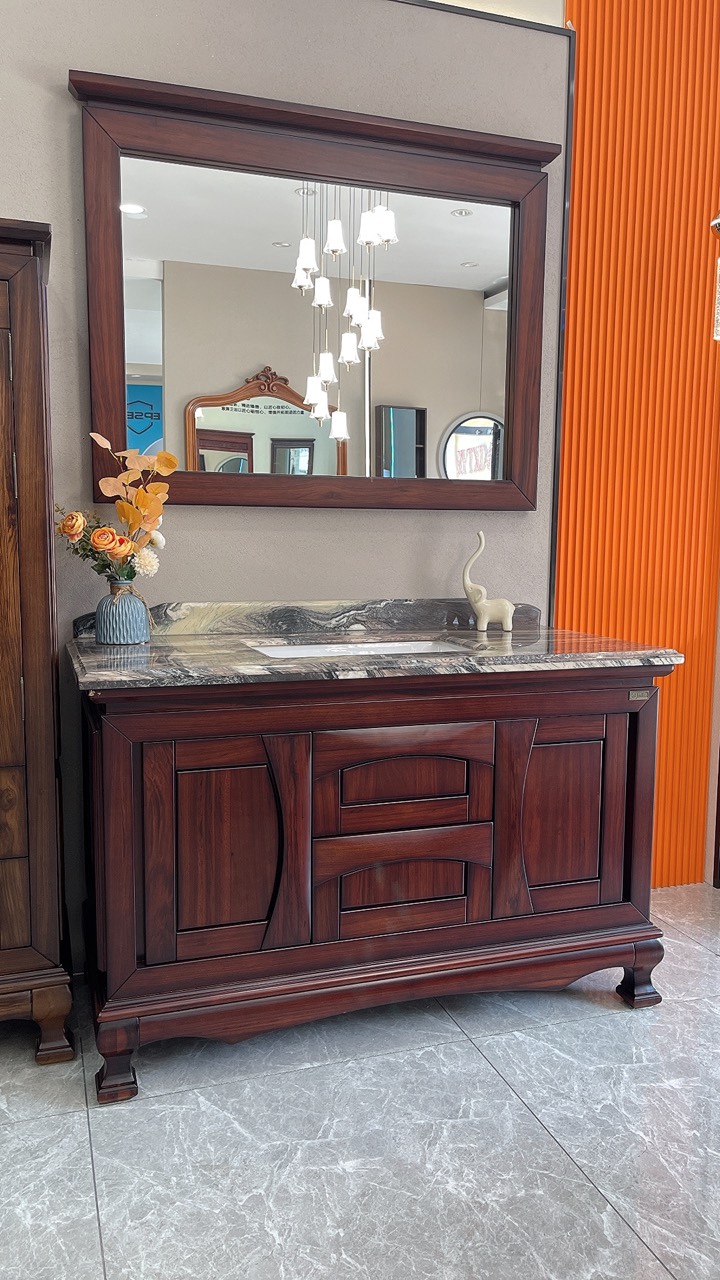新中式美式风格古典浴室柜 天然大理石台面 陶瓷台下洗脸盆