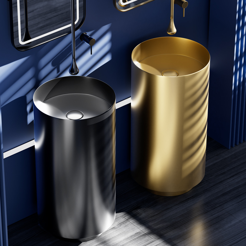 金色不锈钢立柱式洗脸盆落地式一体洗手台盆酒吧卫生间圆形立柱盆