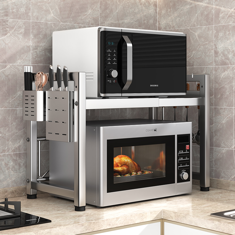 304不锈钢可伸缩厨房微波炉置物架家用台面双层烤箱电饭锅收纳架