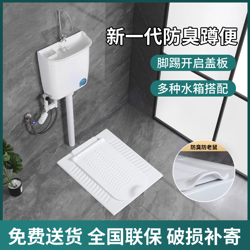 带盖板蹲便器水箱整套家用厕所陶瓷翻盖式大便器防臭加盖蹲坑防臭