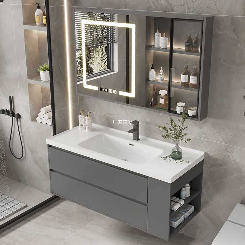 智能轻奢洗漱台陶瓷一体浴室柜组合现代简约实木卫生间洗手洗脸盆