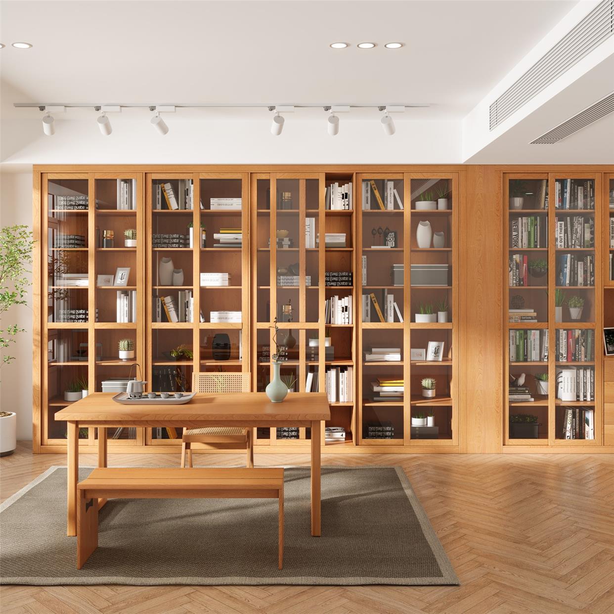 初芬日式原木书架定制整墙满墙全实木书柜带玻璃推拉门樱桃木书房