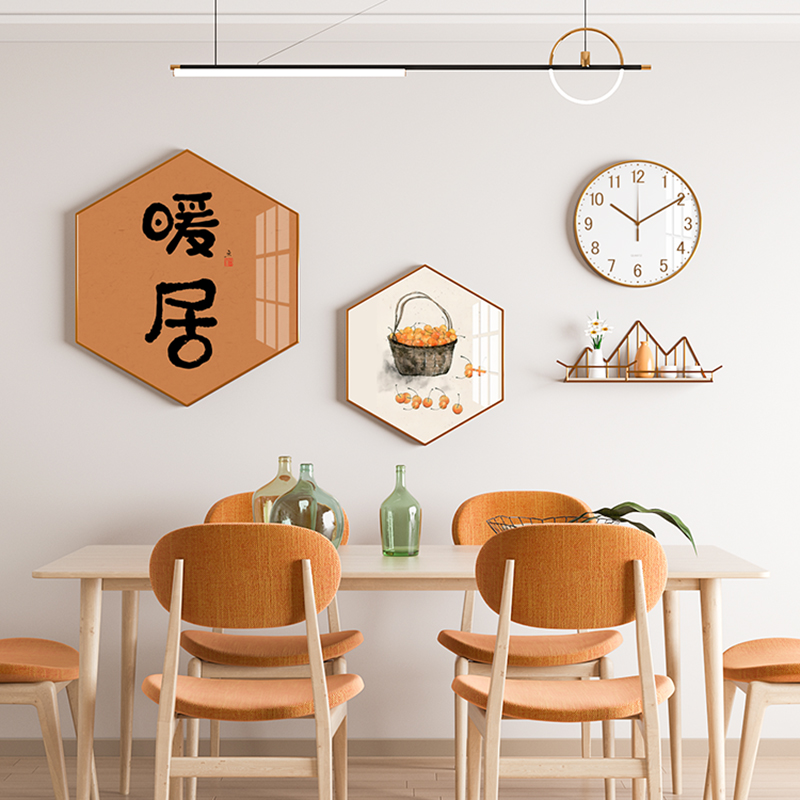 新中式餐厅装饰画饭厅餐桌两联组合创意暖居客厅壁画玄关钟表挂画