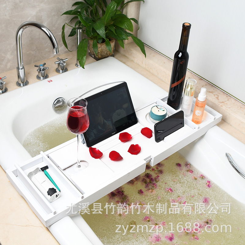 浴缸架伸缩防滑欧式多功能泡澡手机架子置物板白色浴缸置物架
