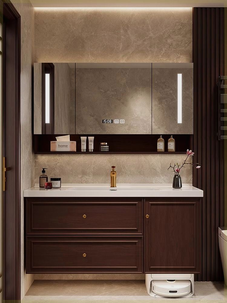 新中式扫地机器人浴室柜加工陶瓷一体盆洗漱台卫生间洗脸盆柜组合