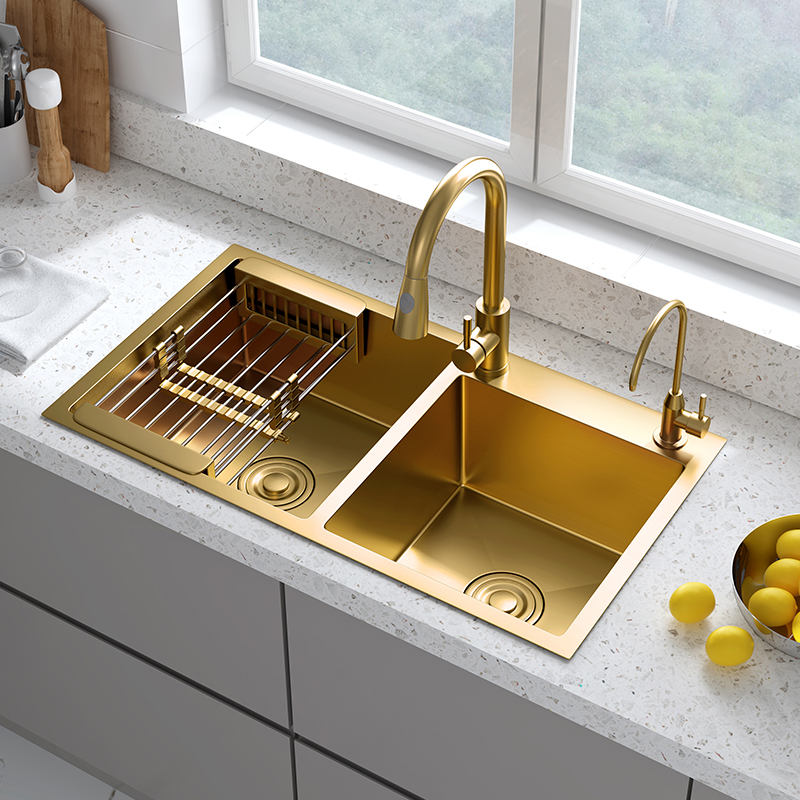 纳米金色水槽洗菜盆双槽厨房洗碗盆304不锈钢手工家用洗碗池