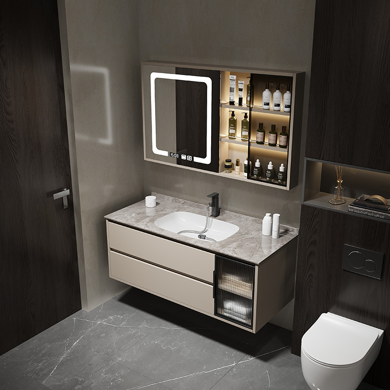 奶油风岩板无缝盆浴室柜组合现代简约卫生间洗手洗脸洗漱台盆套装