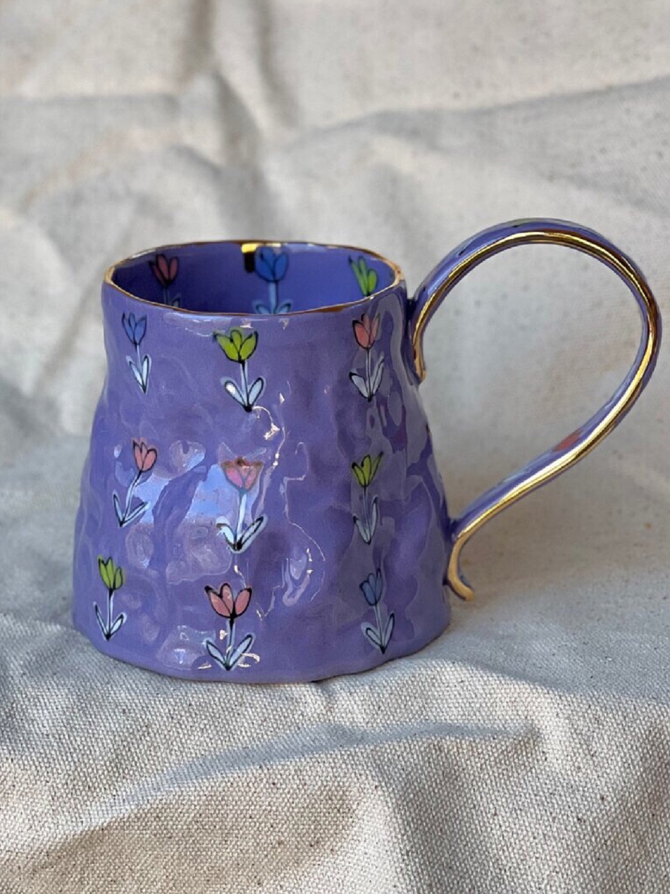 日式紫色碎花金水把手仙女杯ins同款北欧风陶瓷马克杯