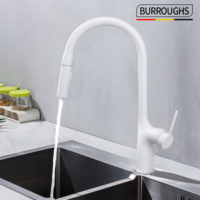 德国全铜厨房龙头白色冷热抽拉式可旋转家用水槽防溅洗菜盆水龙头