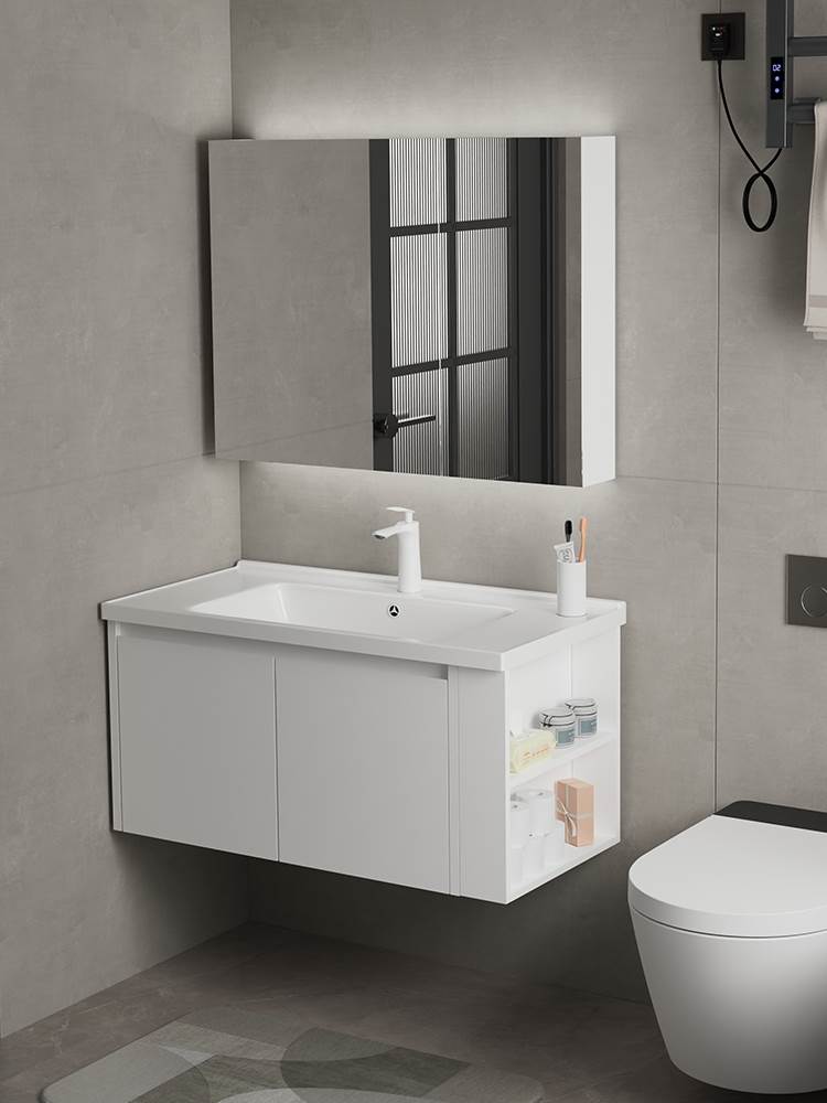 高档智能304不锈钢浴室柜组合白色简约卫生间洗手洗脸面盆镜柜洗