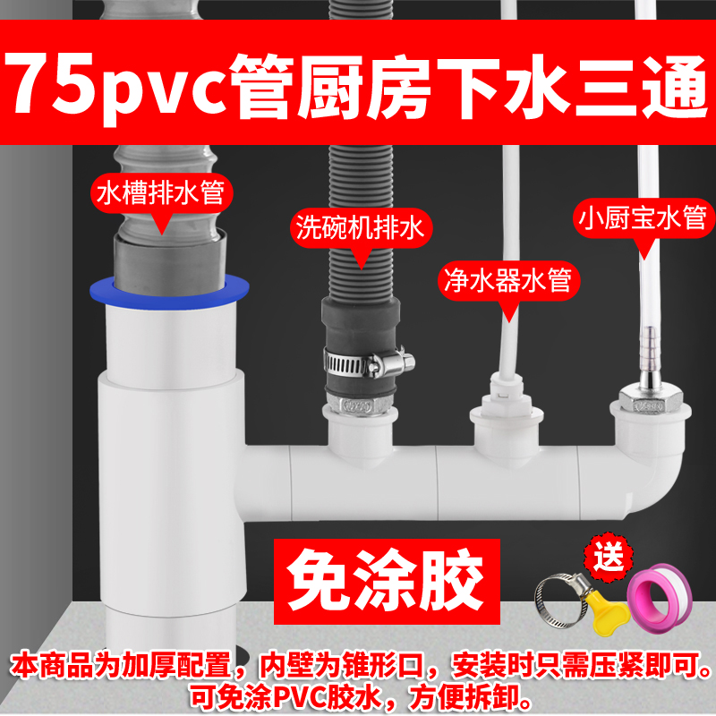 75PVC管厨房水槽洗碗机净水器 小厨宝前置排水管二合一接头三通