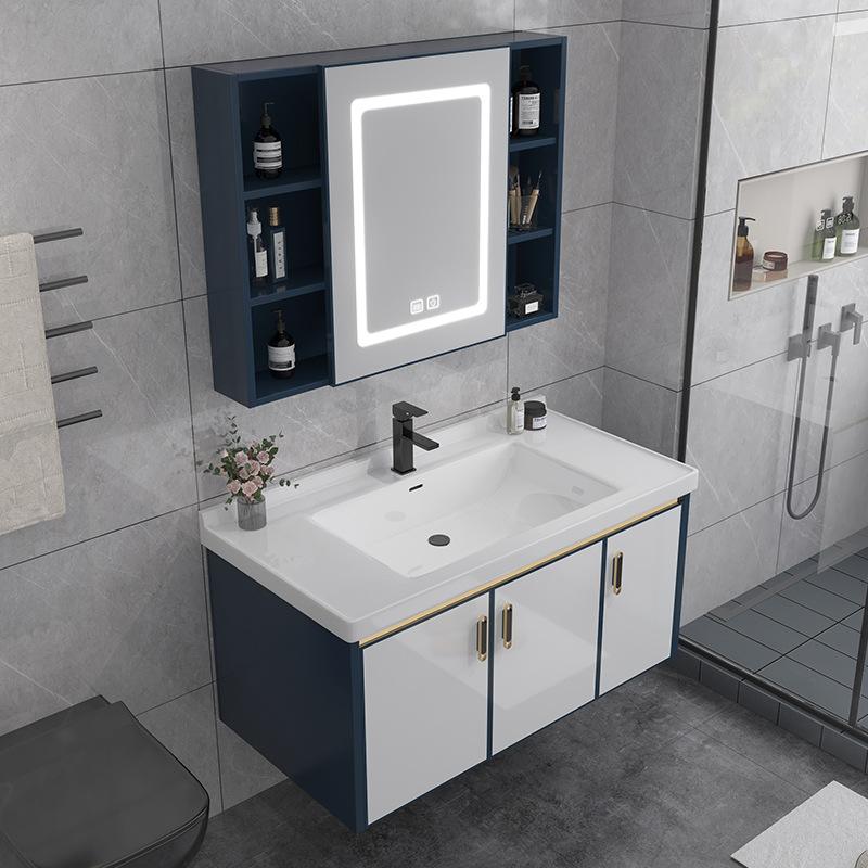 现代简约加厚太空铝合金浴室柜组合岩板陶瓷洗手盆智能镜柜带灯