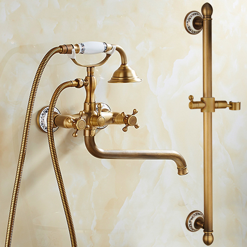 仿古淋浴龙头铜欧式淋浴喷头套装带升降杆浴室加长浴缸水龙头套装
