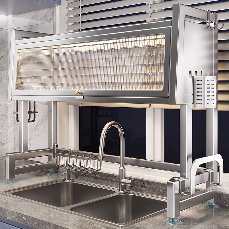 304不锈钢厨房水槽置物架防尘水池餐具收纳架洗碗槽多功能沥水架