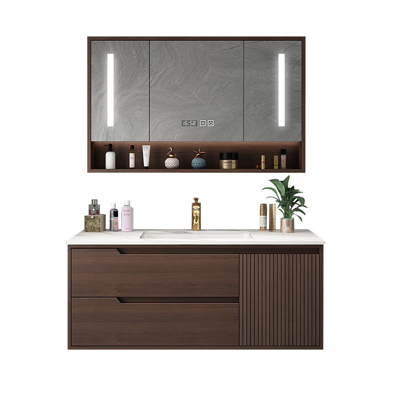 新中式橡木浴室柜组合实木岩板洗脸盆智能洗漱台卫生间卫浴柜定制