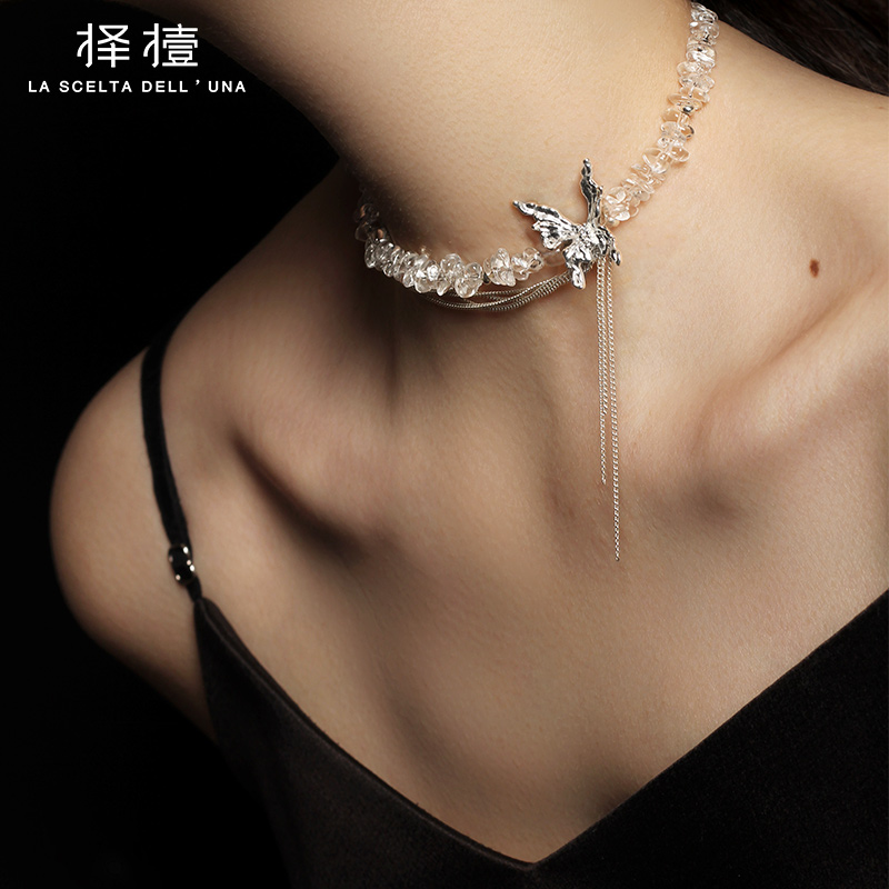 择撎原创设计s925银蝴蝶流苏白水晶锆石项链女高级感锁骨链颈链