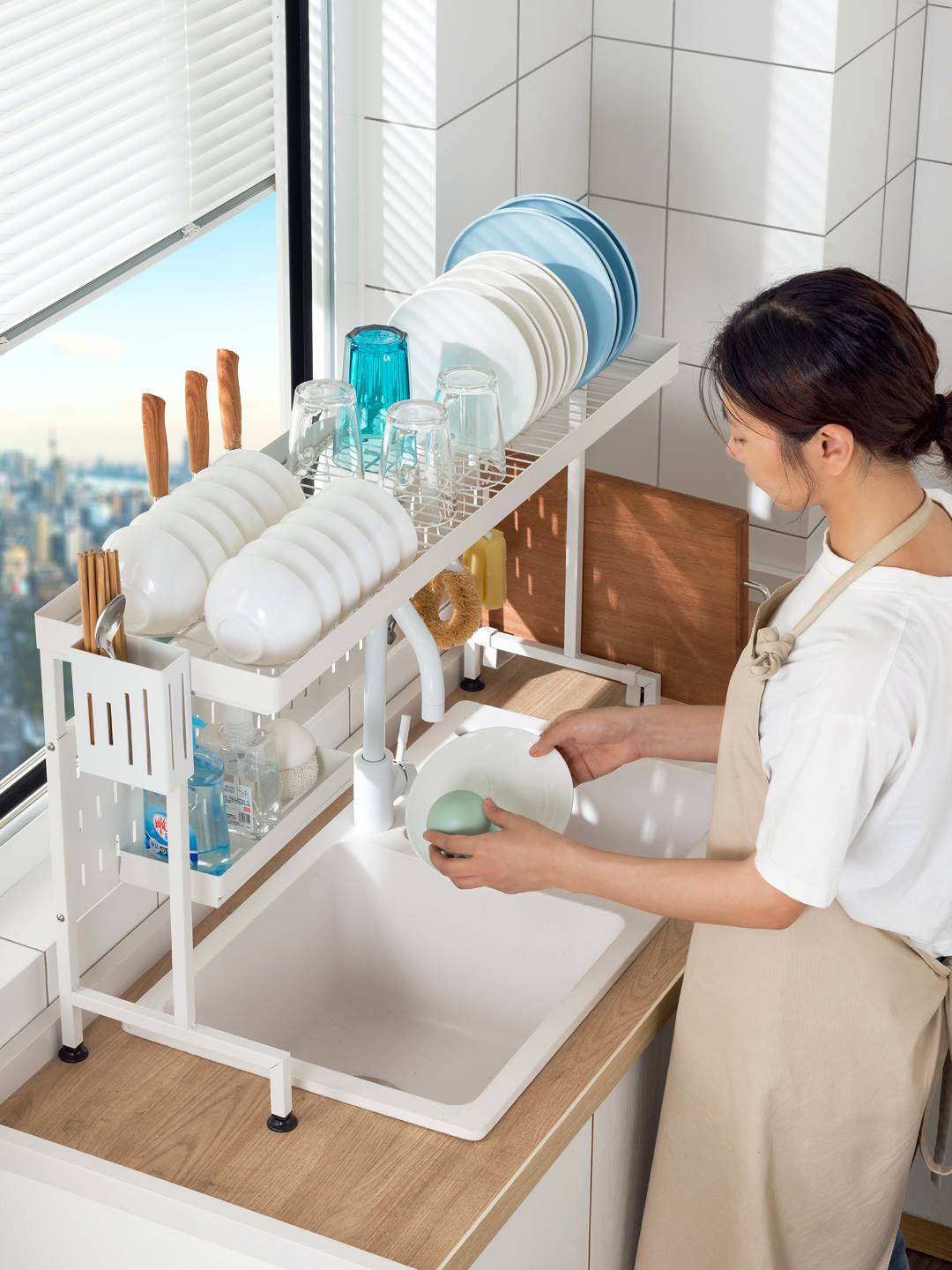 日本进口MUJIE可伸缩厨房水槽置物架放碗碟筷水池上方沥水收纳架