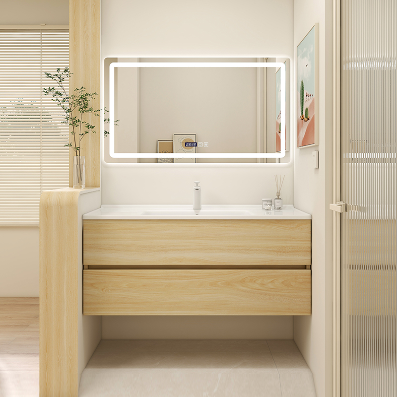 浴室柜陶瓷一体盆原木色日式洗脸盆组合智能洗手台洗漱台洗手盆柜
