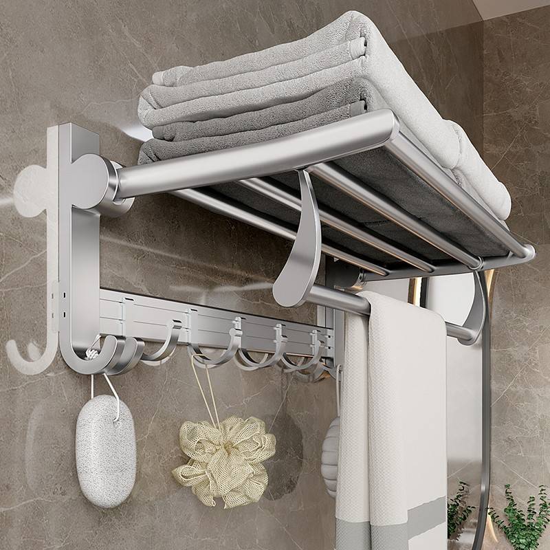 太空铝毛巾架免打孔洗手间厕所挂杆壁挂式卫生间折叠收纳浴巾杆