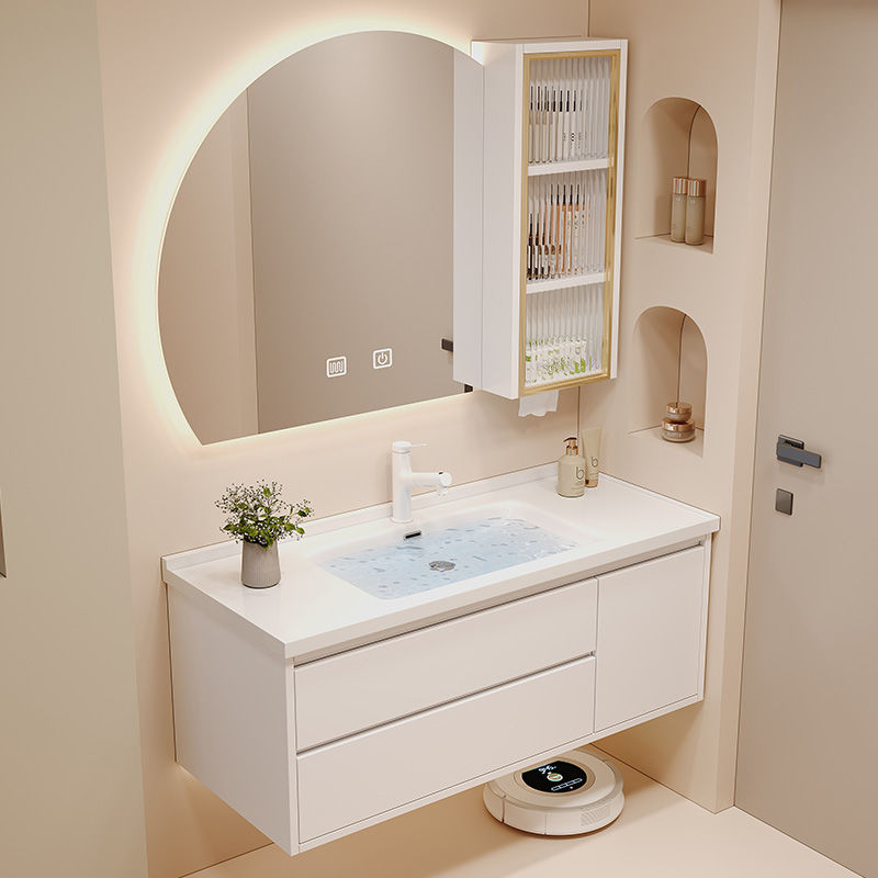 奶油风浴室柜镜柜组合简约陶瓷一体盆洗脸洗手卫生间洗漱台智能