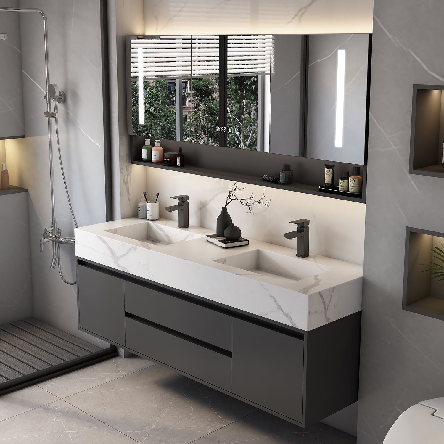 岩板一体浴室柜组合智能镜柜简约现代卫生间洗手洗脸洗漱台盆厂家