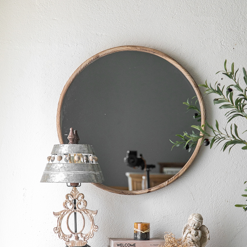 艺术壁挂贴墙卫生间圆形镜子复古卫浴镜挂墙大圆镜原木做旧装饰镜