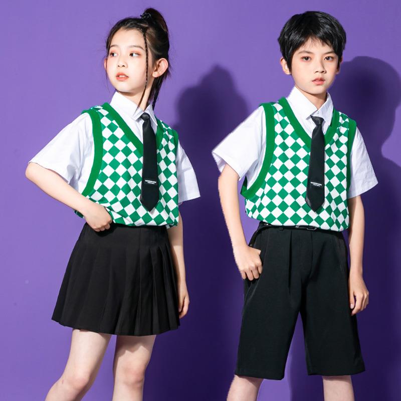 儿童班服学院风啦校服套装夏季小出学绿格子款生幼儿园啦队服装合