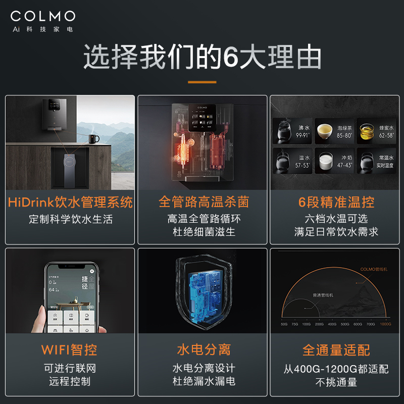 新品COLMO管线机直饮机家用壁挂式冷热一体触屏饮水机6段温控冰热