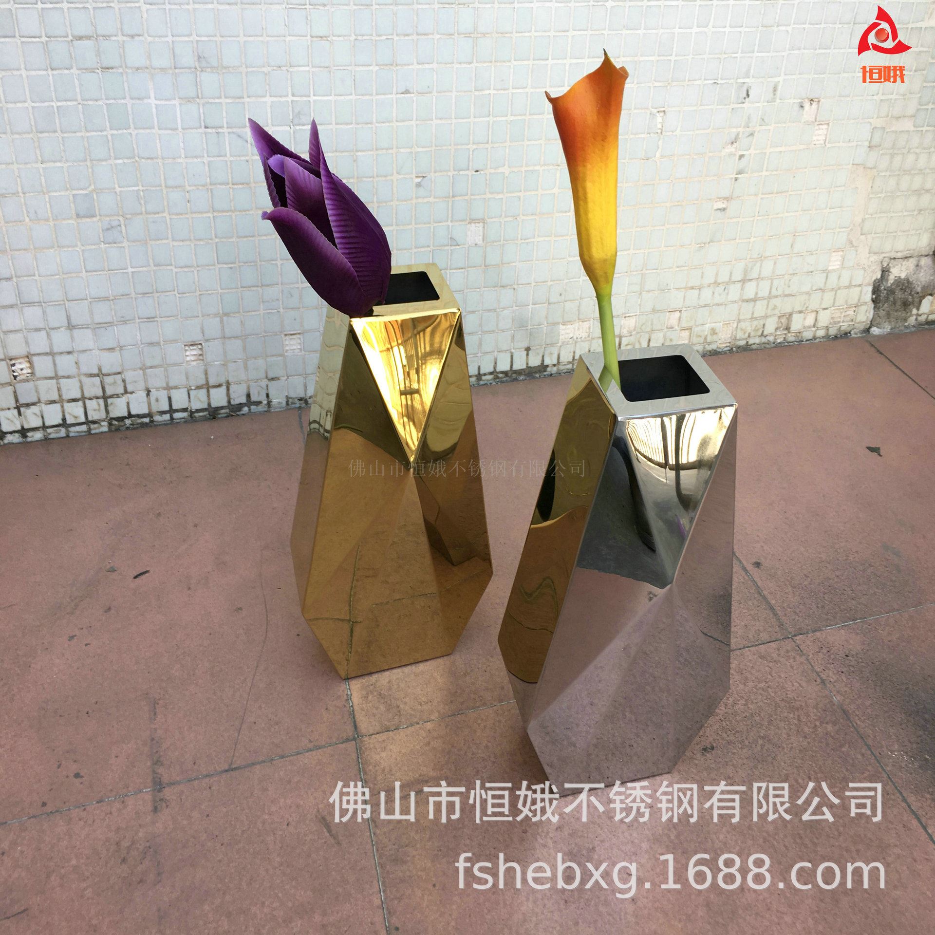 异形花盆不锈钢花器 桌面花瓶 多边形花盆 方形金属喷漆花箱