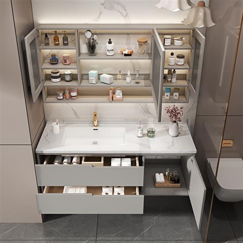 现代简约岩板无缝陶瓷盆实木浴室柜组合智能卫生间洗脸洗手洗漱台
