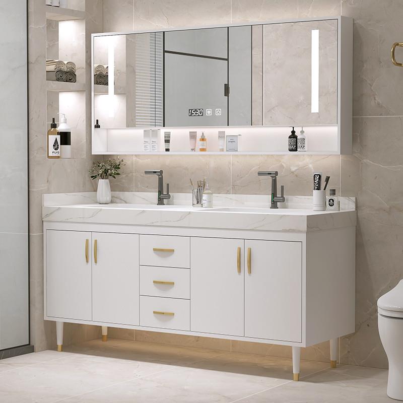 新款简约岩板陶瓷无缝双盆浴室柜组合卫生间落地式洗手洗脸盆镜柜