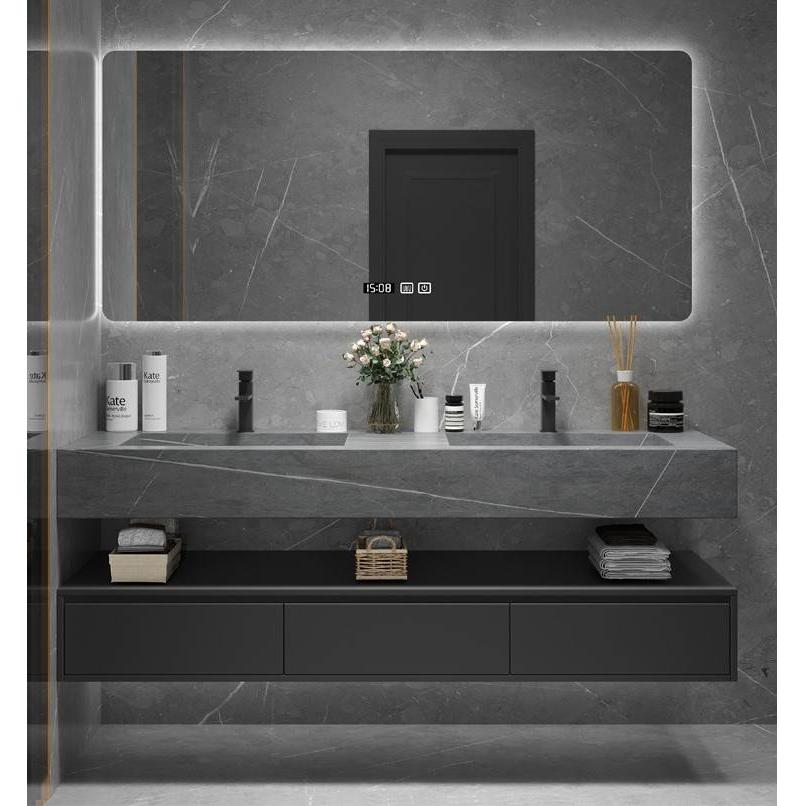 北欧岩板一体浴室柜组合智能现代收纳镜柜台面卫生间洗脸洗手面盆