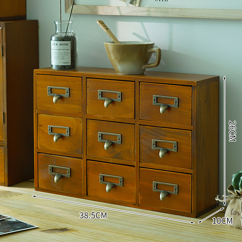 新品ZAKKA复古做旧木质9格储蓄柜多抽屉盒杂物桌面饰品收纳盒小中