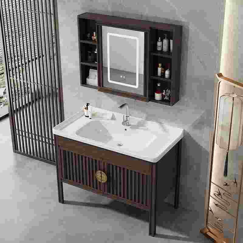 新中式浴室柜组合太空铝洗脸盆小户型卫生间落地式洗手盆柜洗漱台