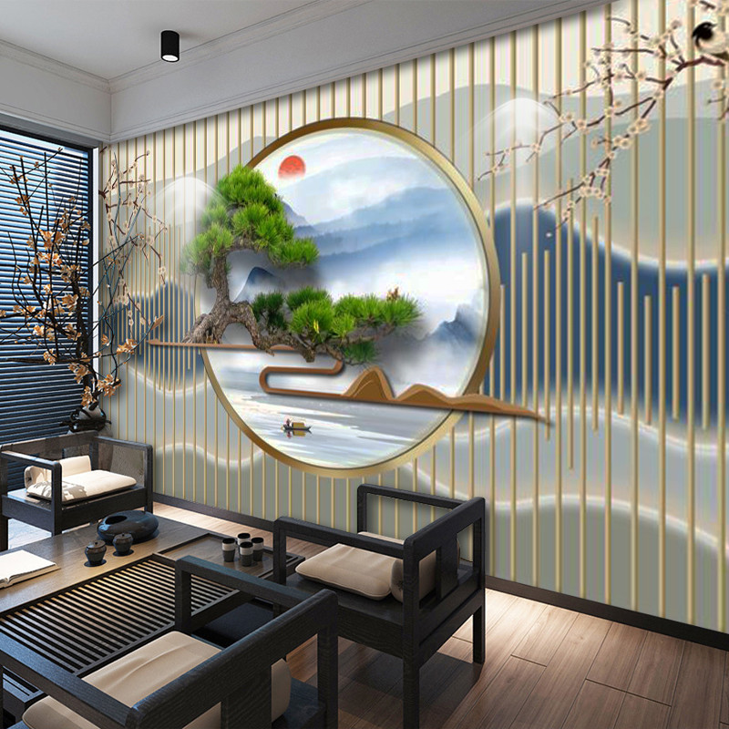 新中式8d茶室墙纸茶厅背景墙装饰画茶艺壁画立体客厅禅意养生壁纸