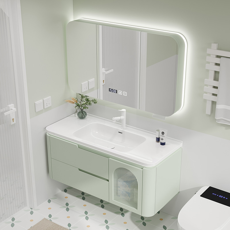 新款智能法式风橡木烤漆浴室柜圆角陶瓷一体盆洗手池洗脸盆洗漱台