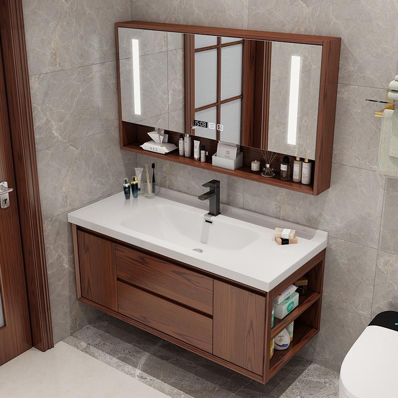 新中式红橡木智能浴室柜组合卫生间洗漱台洗手洗脸盆一体陶瓷盆