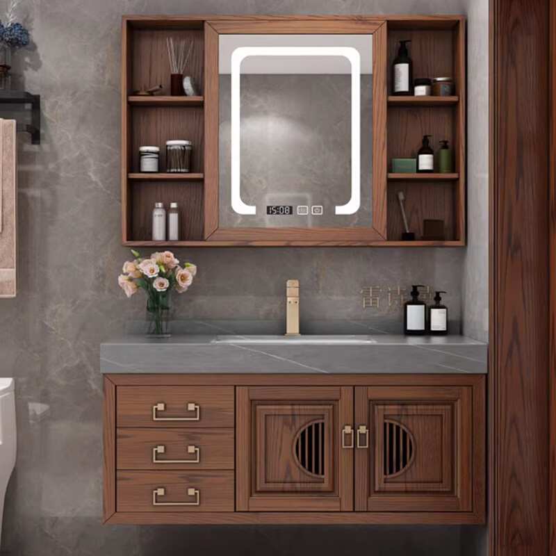 新中式红橡木浴室柜组合岩板无缝陶瓷盆热弯盆洗漱可丽耐亚克力盆