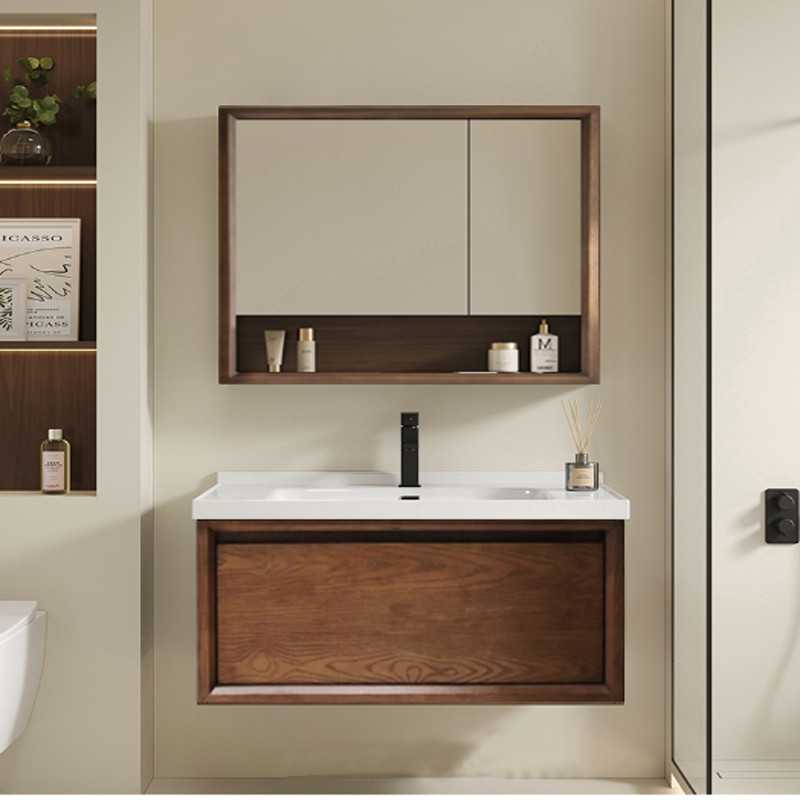 美式实木浴室柜组合镜柜一体陶瓷盆卫生间挂墙式洗漱台手池洗脸盆