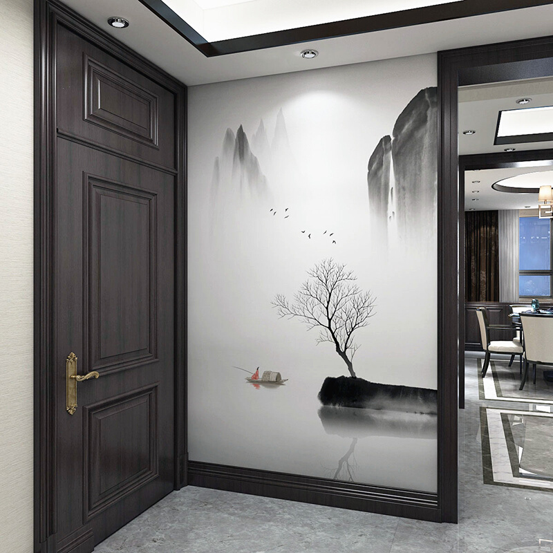 新中式禅意书房墙布电视背景墙壁纸大气山水抽象壁画玄关客厅墙纸